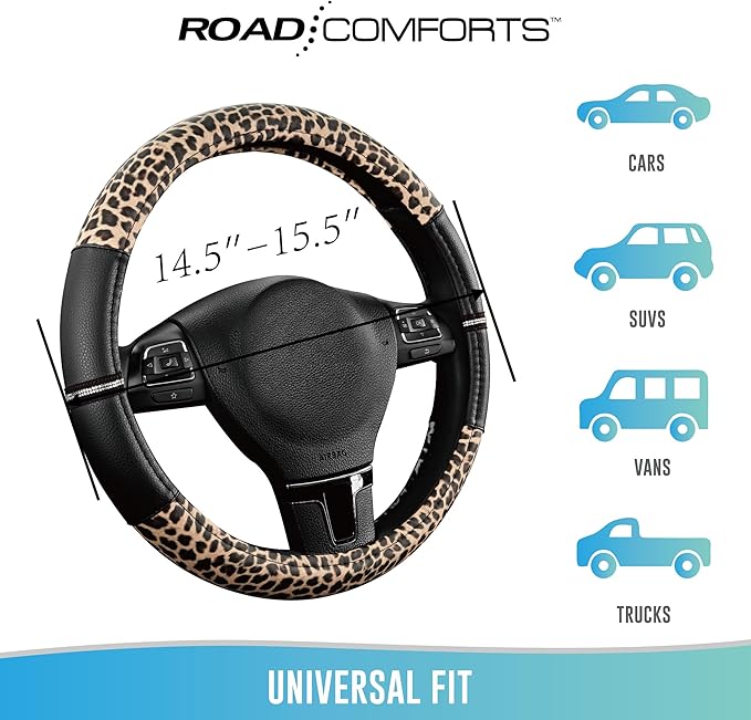 Road Comforts Leopard Steering Wheel Cover - Made with PVC Leather Cheetah Print - Anti-Slip, Universal Fit 14 1/2 inches to 15 inches - Black