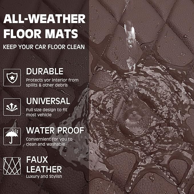 CAR PASS Luxury Faux Leather Floor Mats for Cars, Waterproof All Weather Car Mats Full Set, Anti-Slip Deluxe Automotive Floor Mats Universal Fit for Most SUV Vans Sedans Trucks, 4 Piece Brown