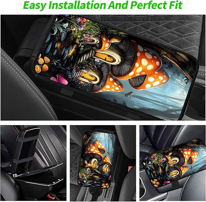 JANENFNA Car Armrest Cover Pads Universal Fashion Cute Auto Center Console Armrest Cover Pad with 2PCS Car Coasters Soft Waterproof Car Armrest Seat Protector for Women,Mushroom House