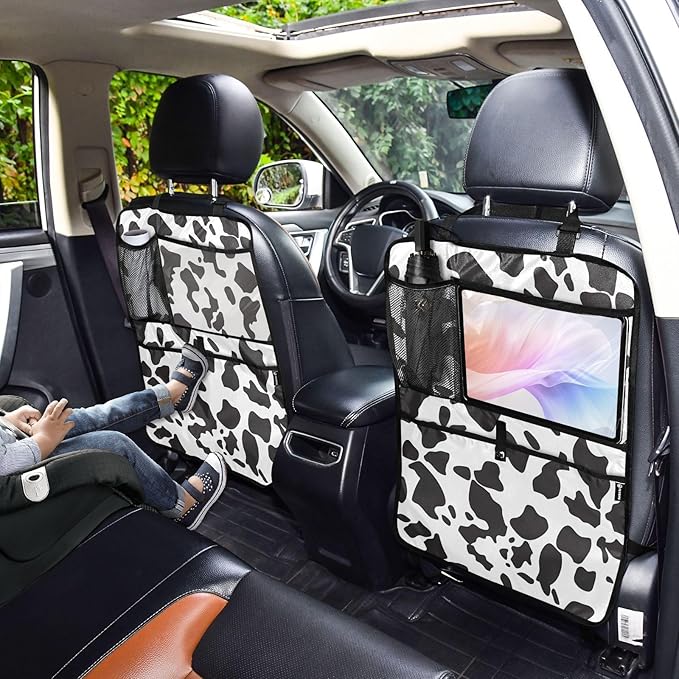 JIPONI Car Backseat Organizer, Cow Print 3 Automotive Back Seat Protector, Kick Mats with Storage Pockets for Kids Pets, Road Trip Accessories (2 Pack)