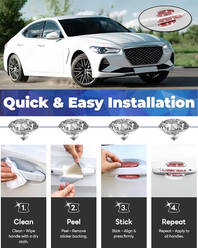 Bling Car Door Handle Protector, 10 PCS, Red Sparkling Rhinestone Cars Door Protective Cover, Anti-Scratch Auto Handles Sticker, Universal Bling Car Accessories for Women