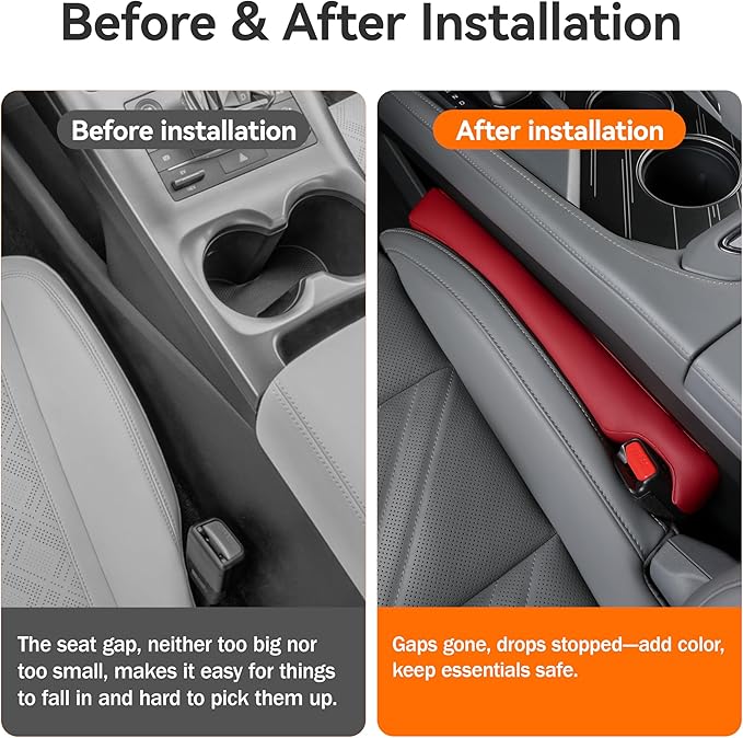 POKSRI Car seat Gap Filler, 2 Pack Leather Gap Organizers Stop Things from Dropping into The Gap Between seat and Console, Adjustable Width 1.4-2.4 inches Fits Most car/Truck/SUV, Accessories(Wine)
