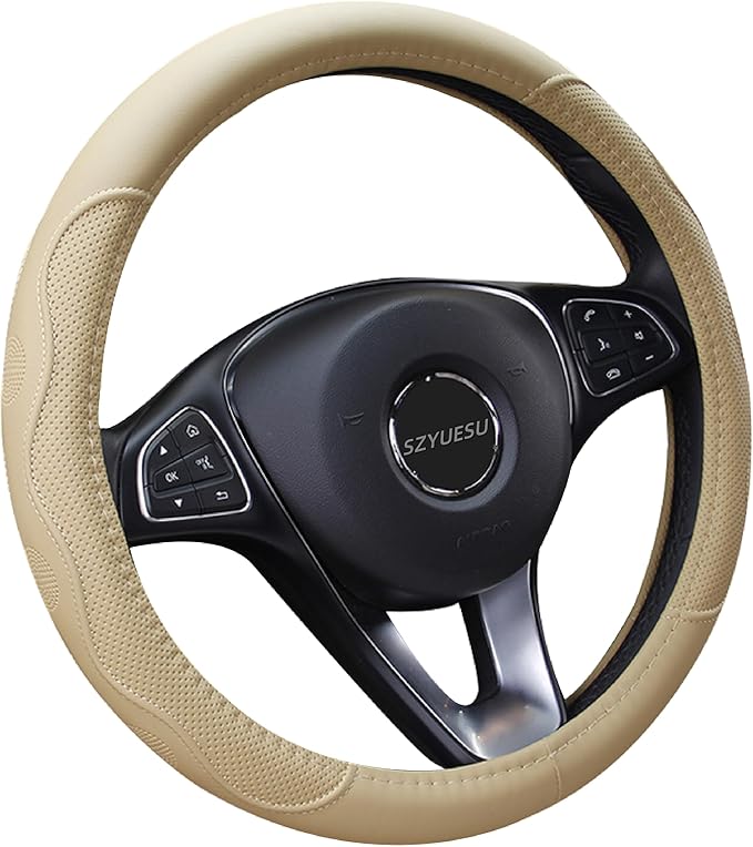 Leather Car Steering Wheel Cover with Anti-Slip Lining Universal 14.5-15 Inch (37-38 cm) Auto Microfiber Protector, Car Accessories for Most Cars, SUVs | Beige