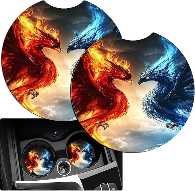 JANENFNA Car Armrest Cover Pads Universal Fashion Cute Auto Center Console Armrest Cover Pad with 2PCS Car Coasters Soft Waterproof Car Armrest Seat Protector for Women,LCE Fire Phoenix