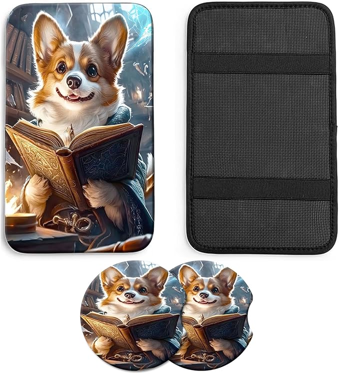 JANENFNA Car Armrest Cover Pads Universal Fashion Cute Auto Center Console Armrest Cover Pad with 2PCS Car Coasters Soft Waterproof Car Armrest Seat Protector for Women,Magical Book Puppy