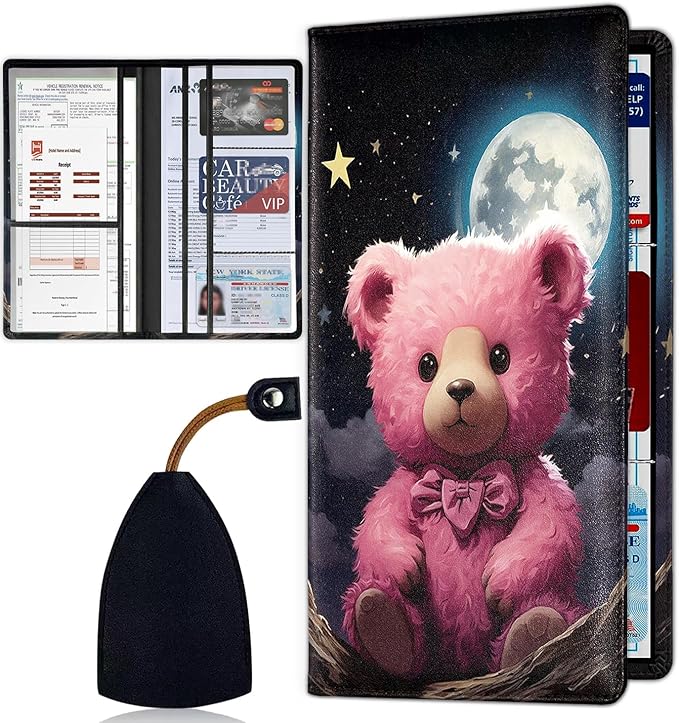 Car Document Holder with Magnetic Shut, Car Registration & Insurance Card Holder, Waterproof PU Leather Glove Box Organizer Vehicle Accessories Driver License for Women/Men, Cute Pink Bear Art
