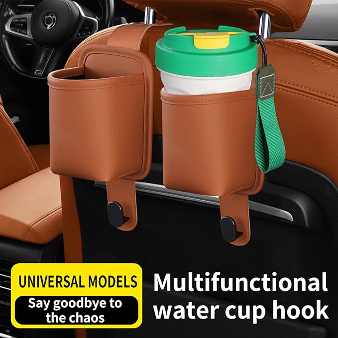 2-Pack Car Seat Back Cup Holder Organizer, Faux Leather Car Cup Holders with Hooks, Universal Backseat Storage for Drinks, Bottles & Travel Accessories (Orange)