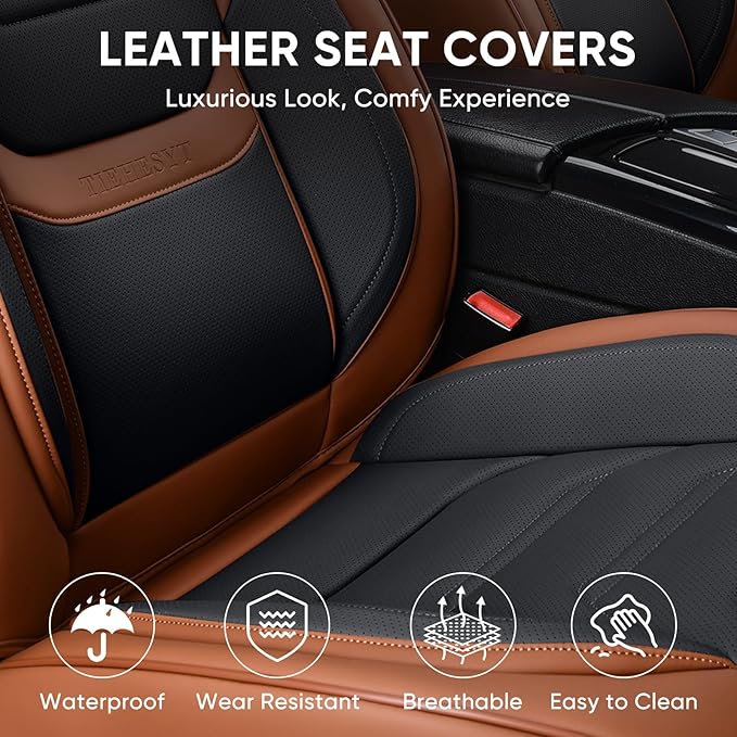 TIEHESYT Leather Car Seat Covers Full Set with Lumbar Support, Waterproof Car Seat Cover, Universal Seat Covers for Cars, Trucks, SUVs, Sedans, Airbag Compatible, Front Pair and Rear, Brown&Black