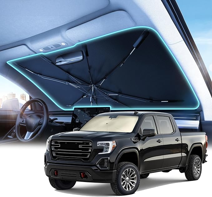 Nmoiss Windshield Sun Shade Umbrella for GMC- [Vinyl Coating Heat Shield] Protect Car from Sun Rays & Heat Damage Keep Cool and Protect Interior for GMC