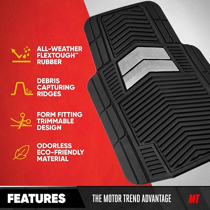 MotorTrend FlexTough Shield Black & Silver All-Weather Floor Mats for Car Truck SUV, Heavy Duty Waterproof Rubber Car Mats, Trim to Fit Car Accessories, Interior Protection Front Rear Floor Liners
