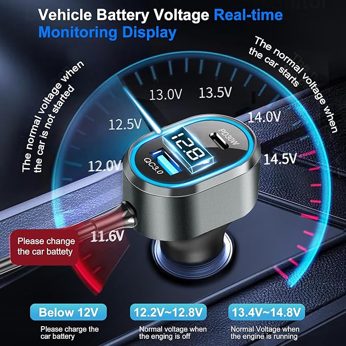 8 in 1 Cigarette Lighter Splitter,264W 4 Socket Car Cigarette Lighter Adapter,Type-C QC3.0 PD 30W Charging,Heavy Duty Truck Car USB Chager Multi Plug Outlet 12V/24V Independent Switches,LED Voltmeter