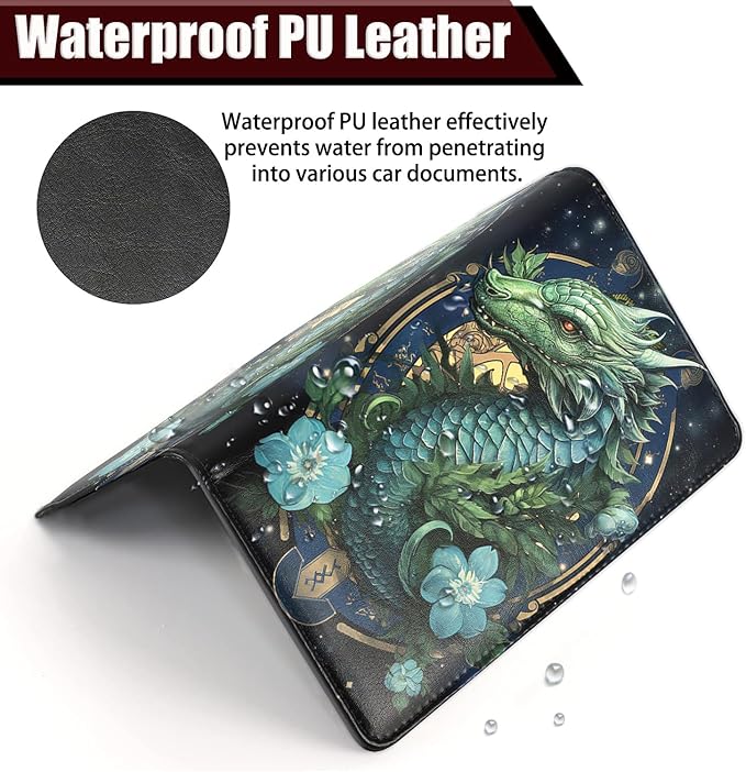 Car Registration and Insurance Holder, PU Leather Auto Document Holder for Men&Women, Vehicle Glove Box Compartment Organizer with Magnetic Shut for Driver's License, Green Dragon in the Dark