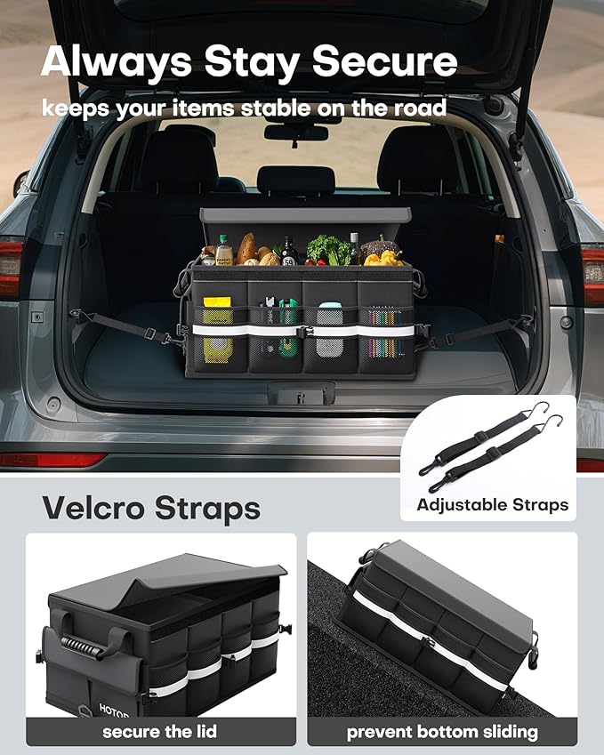 HOTOR Car Trunk Organizer - Foldable Trunk Organizer for SUV, Car Storage with Reflective Strips & Securing Cover, Large Capacity Car Accessories for Truck, Van & Sedan, Black, 24.4" x 13.8" x 11.0"