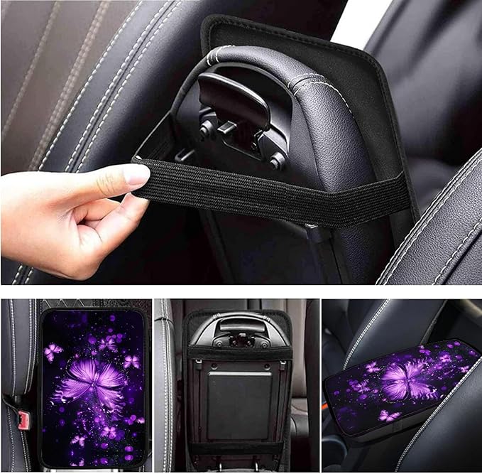 Purple Butterfly Car Decor Set for Women 6 PCS Steering Wheel Cover Cup Holder Handbrake Gear Cover Butterfly Print Car Accessories Set for SUV Truck Sedan