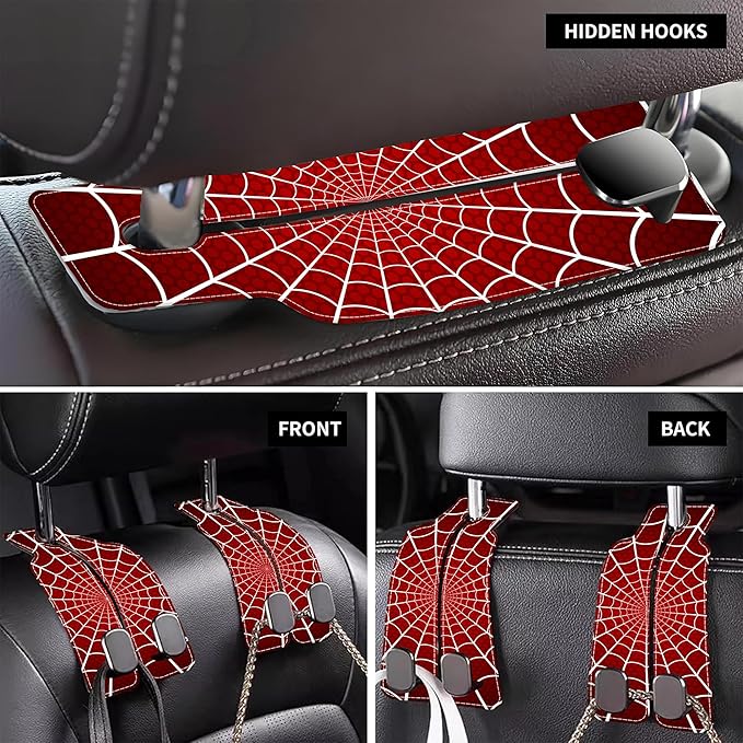 AEWNUNK 1 Pack Purse Hook for Car Red and White Spider Web Headrest Back Seat Hook Premium Leather Double Metal Hanger Storage Pack Bag Purse Holder Car Accessories