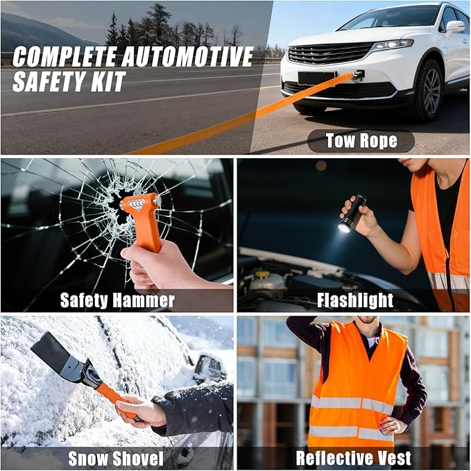 HLWDFLZ Car Roadside Emergency Kit, Jump Starter with Air Compressor, First Aid Kit, Tow Rope, Roadside Safety Emergency Tool Kit for Women, Men, Teen (Orange)