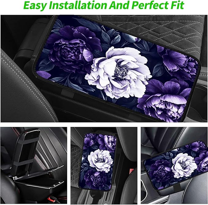 JANENFNA Car Armrest Cover Pads Universal Fashion Cute Auto Center Console Armrest Cover Pad with 2PCS Car Coasters Soft Waterproof Car Armrest Seat Protector for Women,Purple Peonies