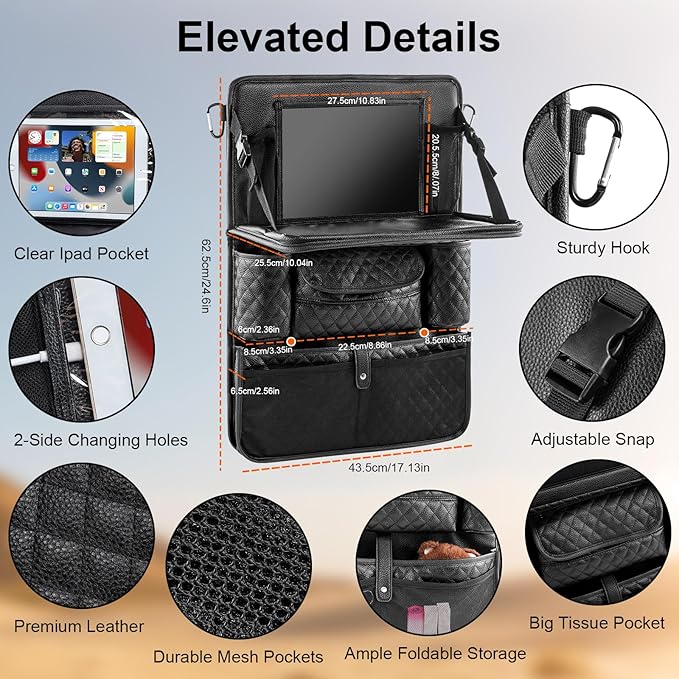 Rosynee Car Backseat Organizers 2-Pack with Foldable Tray - PU Leather Back Seat Car Organizers with 11 Storage Pockets, Tablet Holders, Kick Mats Protectors for Kids Family Travel Essentials (Black)