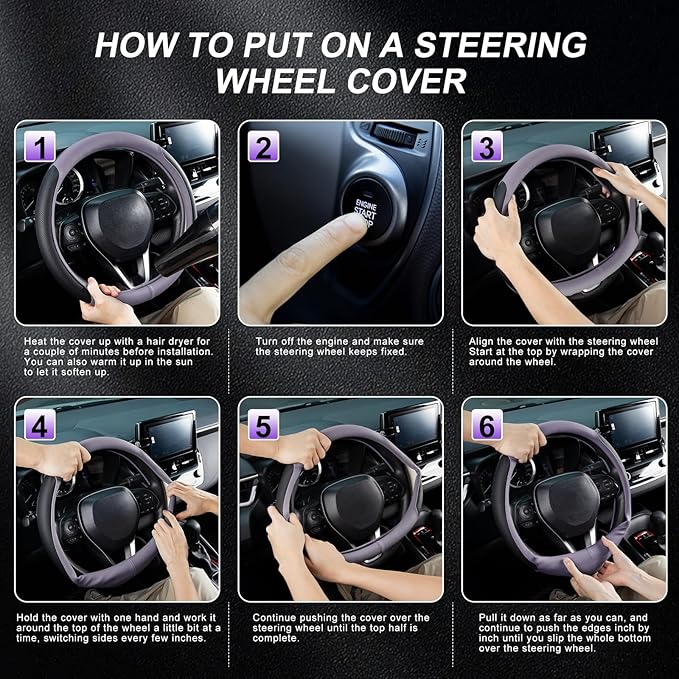 SEG Direct Steering Wheel Cover for 14.5-15 inch Wheels, Breathable PU Leather with Perforated Sides, Anti-Slip Grip, Universal Fit for Cars & SUVs, Black and Light Purple