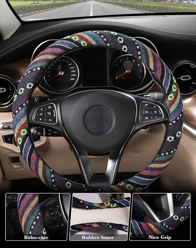 SEG Direct Boho Steering Wheel Cover with Baja Blanket Cloth, Ethnic Style Auto Wheel Cover Made of Coarse Flax, Fits 14 1/2-15 1/4 inches Car Wheel