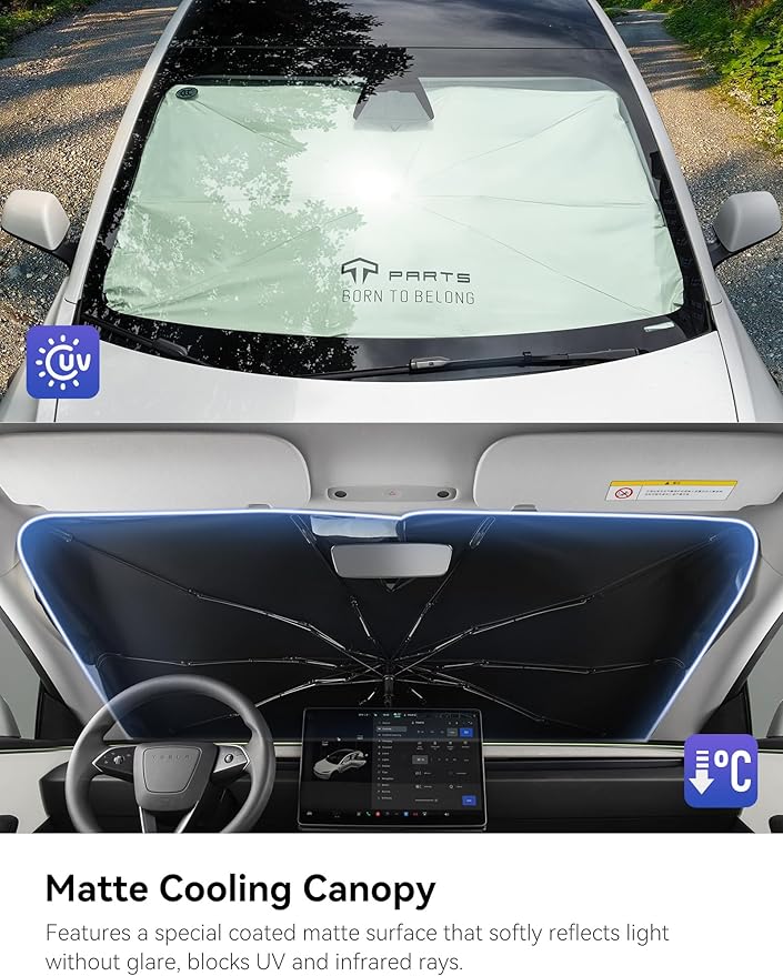 TPARTS Windshield Sun Shade Umbrella for Tesla Model Y/3/S/X 2017-2025, Full-Size Foldable UV Ray Reflector with Fiberglass Ribs & 360° Bendable Handle Car Interior Windshield Cover (54" L x 35" W)