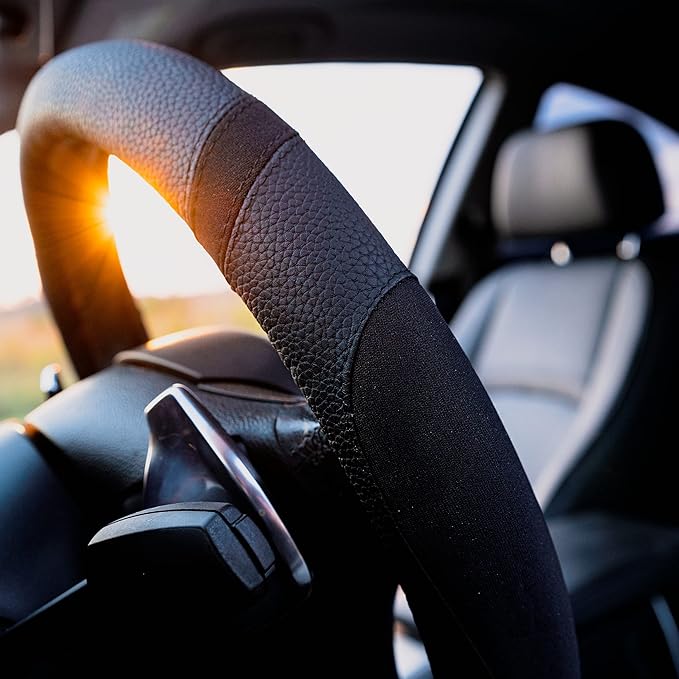 Gorla Gear Black Leather Neoprene Steering Wheel Cover Women Men, Easy Fast Installation, Universal Fit 14.5 15 15.5 Inch, Anti-Slip Safer Grip Car Accessories for Automobile Truck SUV Van
