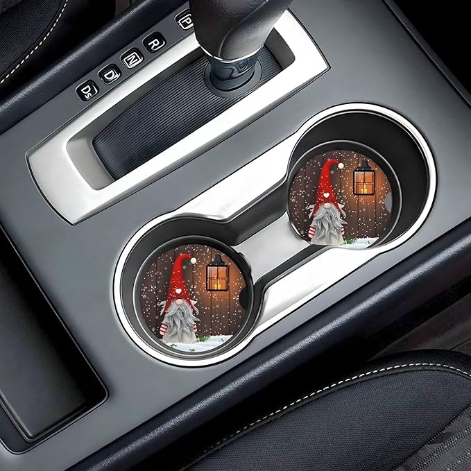HUWAAI New Year Dwarf Christmas Car Cup Holder Coasters 2 Pack Universal 2.63 Inch Anti Slip Ceramic Absorbent Coaster with Cork Base and Finger Notch Cute Car Accessories Interior for Women