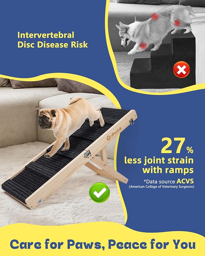 iPetba Dog Ramp for Couch & Low Bed - Joint & Spine Support with Gentle Incline for Small Dogs, Adjustable, Anti-Slip & Foldable, Up to 35 lbs