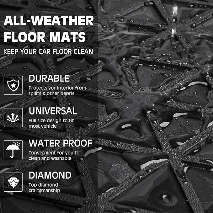 CAR PASS Bling Diamond Car Mats Rubber Floor Mats Full Set Anti-Slip 3D Rhombus Waterproof Trim to Fit Liner Universal Glitter Crystal Sparkly Shining Rhinestone Girl Women SUV Sedan Van, Black Blue