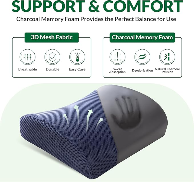 FuturaLoom Back Support Pillow for Office Chair and Car Seat,Lumbar Support for Office,Charcoal Memory Foam Back Cushion-Breathable Mesh Cover,Double Adjustable Straps,Dark Blue