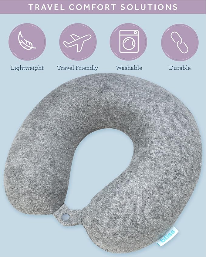 Bliss Neck Pillow - Lightweight U-Shaped Memory Foam Travel Neck Pillow with Snap Closure for Airplanes, Traveling, Offices, Cars, Grey Terry