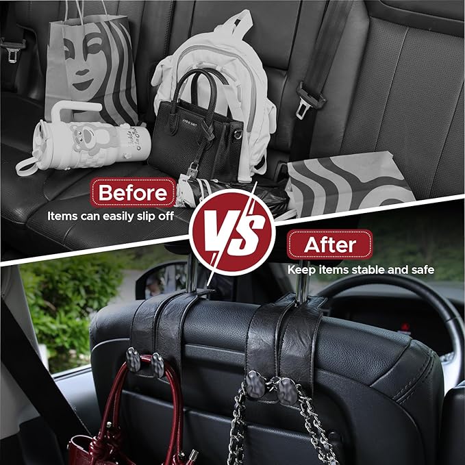 URIZZD 2PCS Leather Car Seat Hooks for Headrest, Vehicle Hanger Storage Organizer Universal for Handbag Purse, Car Accessories Gift (Black-Black)