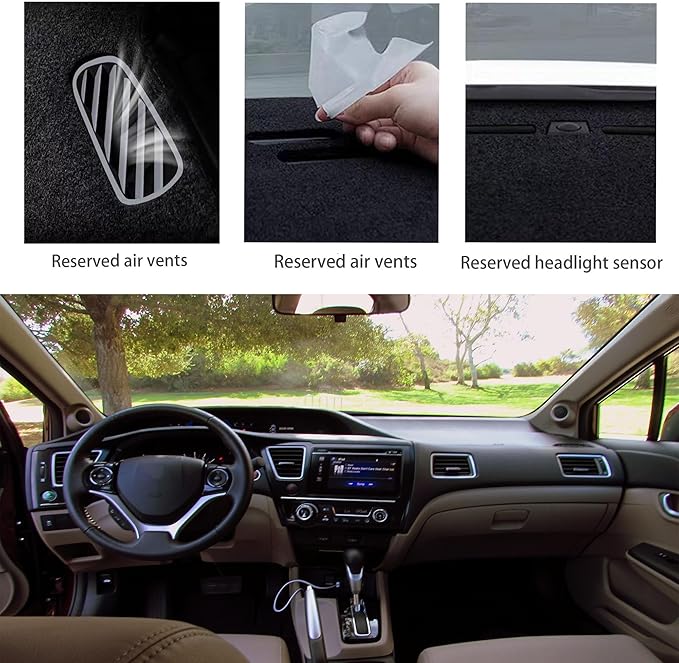 Upgraded Dash Mat for 2012-2015 Honda Civic Polyester Dash Board UV Protection Non-Slip Windshield Reflective Dash Cover Interior Accessory Black