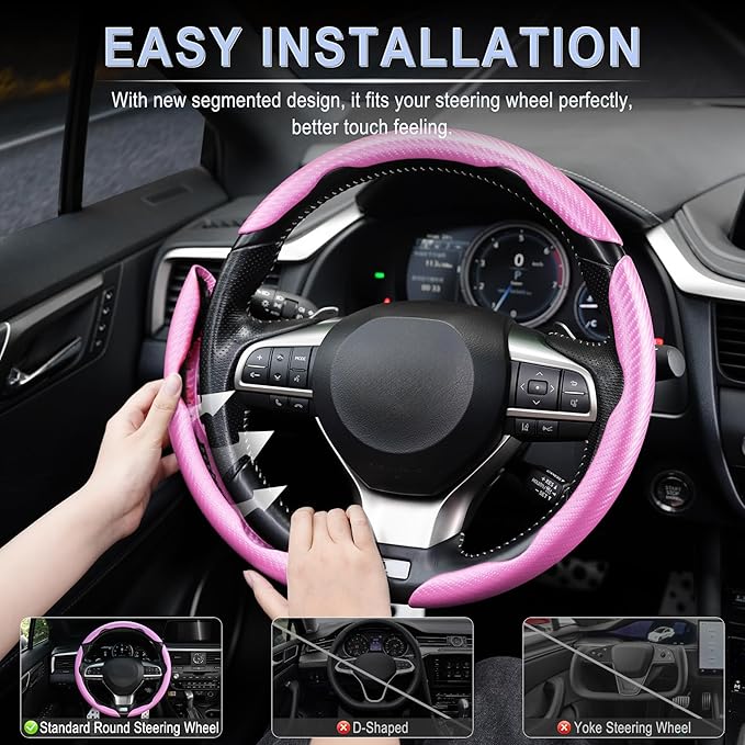 Amiss 3pcs Carbon Fiber Anti-Skid Steering Wheel Cover, Waterproof & Segmented Butterfly Design, Universal 99% Vehicle Wheel Cover Protector, Car Interior Accessories, Pink