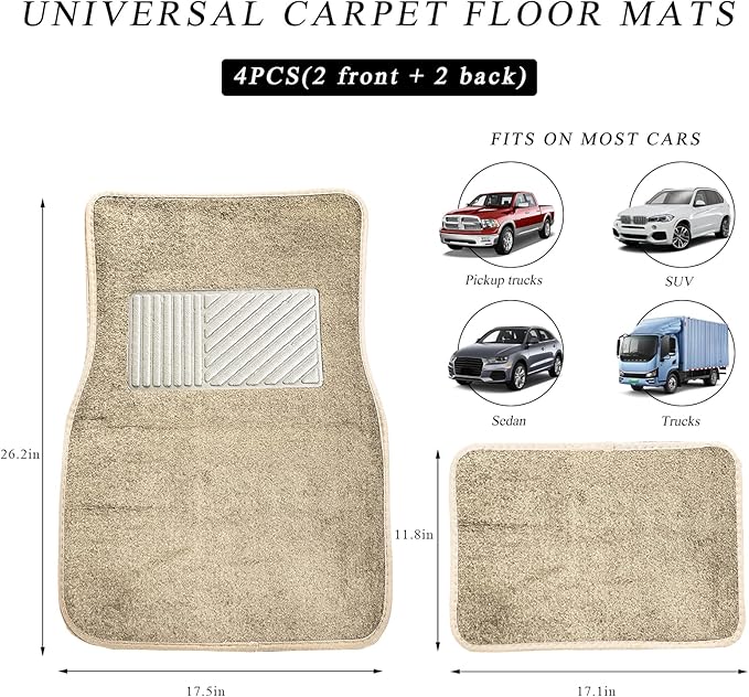 4PCS Car Floor Mats, Anti-Slip Waterproof Car Carpets with Safety Heel Pad, Heavy Duty Floor Mat for All Weather Protection, Universal Trim to Fit for Sedans Trucks SUVs (Beige)