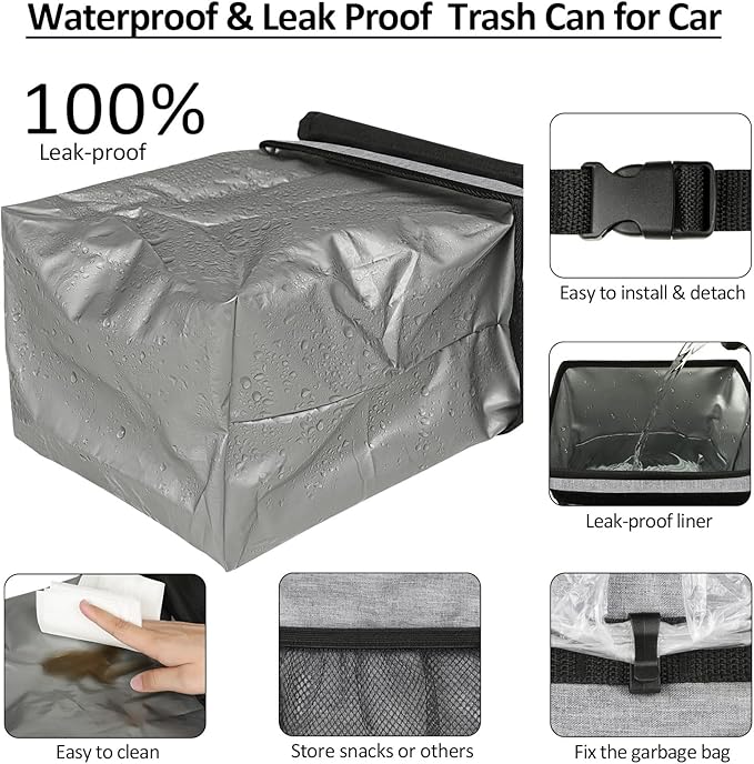 ELONGRIVER Car Trash Can Bin for Back Seat Leak Proof, Cute Car Trash Bag Hanging, Vehicle Trash Can for SUV Truck Van, Automotive Garbage Cans Front Seat Grey
