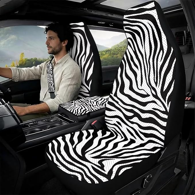 Psesaysky Zebra Stripe 5 Pcs Car Accessories Set PU Leather Front Seat Covers for Cars, Seatbelt Shoulder Pad, Car Armrest Covers Universal Fit Most Truck SUV Van