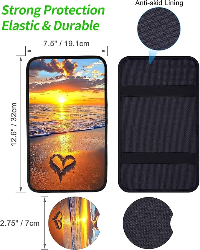JANENFNA Car Armrest Cover Pads Universal Fashion Cute Auto Center Console Armrest Cover Pad with 2PCS Car Coasters Soft Waterproof Car Armrest Seat Protector for Women,Sunset Heart Beach