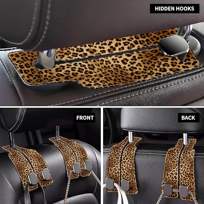 AEWNUNK 1 Pack Car Seat Headrest Hooks for Purses and Bags Abstract Brown and Black Leopard Bag Purse Holder for Car with Double Metal Hooks Car Purse Hanger Hanging Accessories
