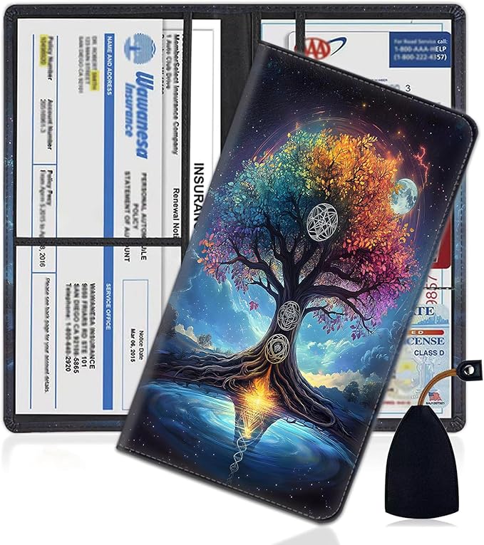 Car Document Holder with Magnetic Shut, Car Registration and Insurance Card Holder, Vehicle Glove Box Organizer Documents, Driver License, Auto Paperwork Organizer Wallet, Colorful Cosmic Tree Pattern