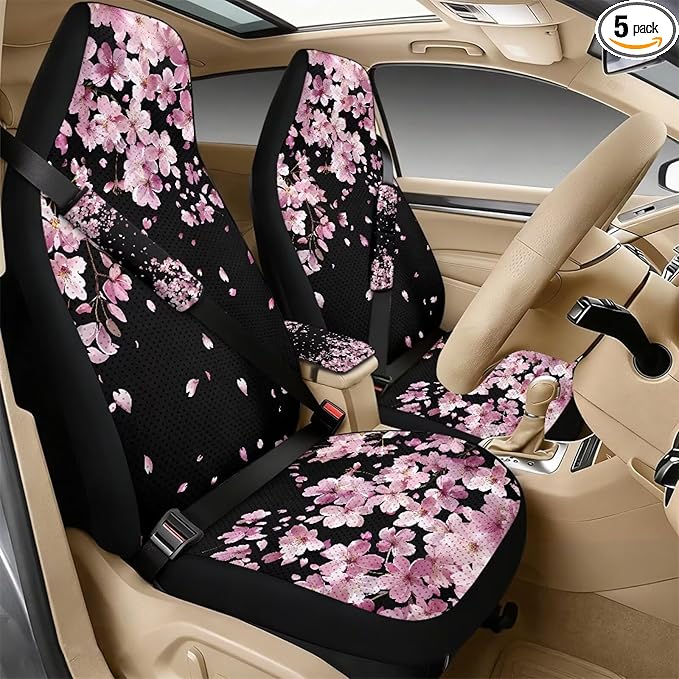 Psesaysky 5-Piece Auto Interior Covers Set Cherry Blossom PU Leather Breathable Front Seat Covers Seatbelt Covers & Armrest Pad for Cars, Trucks, SUVs, Vehicle Decor