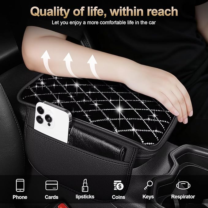 Bling Center Console Cover with 2 Side Pockets Fit for Avalon Multi-Functional Car Armrest Cushion Diamond-Studded Rhombus Pattern Style(Black&Silver Diamond)