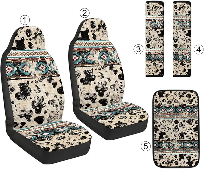 Qeluxign Car Seat Covers Cow Print Tribal Full Set Universal Fit Auto Front Seat Covers and Seatbelt Pads Armrest Cushion Gifts for Women Protect Your Car Interior