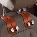 CoBak Purse Hook for Car - Universal Premium Stitched Leather and Aluminum-Magnesium Alloy Double Car Seat Back Storage Hook for Purses, Handbags, Bags (2 Pack),Russet Brown