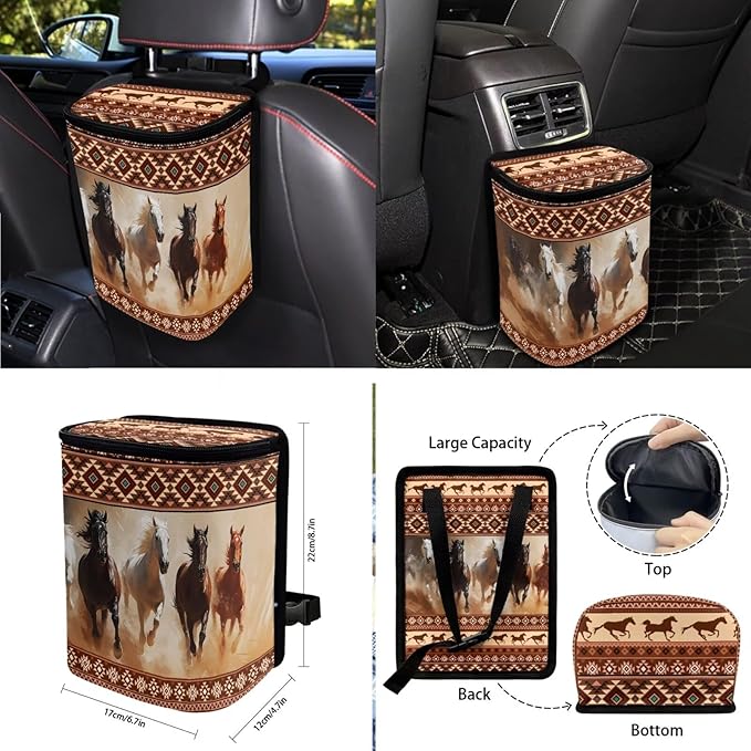 Horse Aztec Printed Car Accessories Sets for Women, Universal Front and Rear Split Bench Seat Covers for Cars with Matching Steering Wheel Cover Trash Can Air Vent Storage Bag Coaster