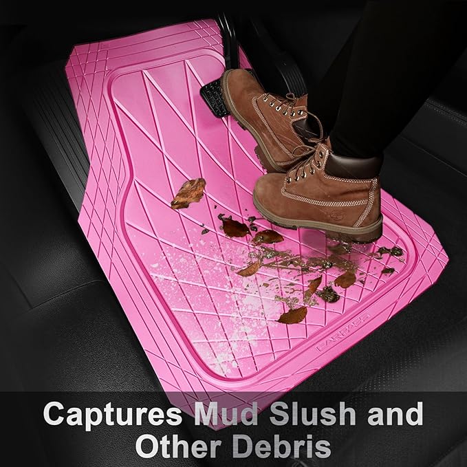 CAR PASS Heavy Duty Rubber Car Floor Mats, Deep Dish All Weather Car Mats Full Set, 3 Piece Waterproof Premium Anti-Slip Floor Mats Rugs Universal Trim to Fit for 95% Sedan SUV Van Truck, Pink