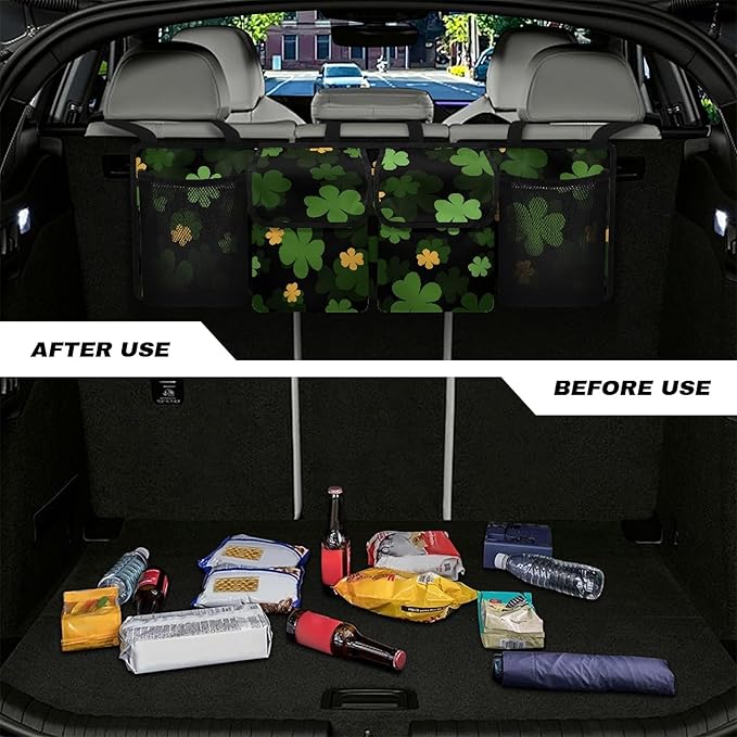 CLOHOMIN Green Leaves Car Trunk Organizers for Women Men Car Trunk Mesh Storage St. Patrick's Day Backseat Hanging Organizer Large Capacity Cargo Storage Organizer with 4 Pockets
