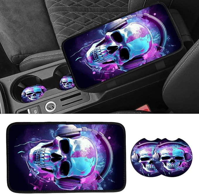JANENFNA Car Armrest Cover Pads Universal Fashion Cute Auto Center Console Armrest Cover Pad with 2PCS Car Coasters Soft Waterproof Car Armrest Seat Protector for Women,Headphone Skull