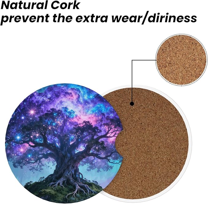 HUWAAI Tree Life Sky Galaxy Car Cup Holder Coasters 2 Pack Universal 2.63 Inch Anti Slip Ceramic Absorbent Coaster with Cork Base and Finger Notch Cute Car Accessories Interior for Women