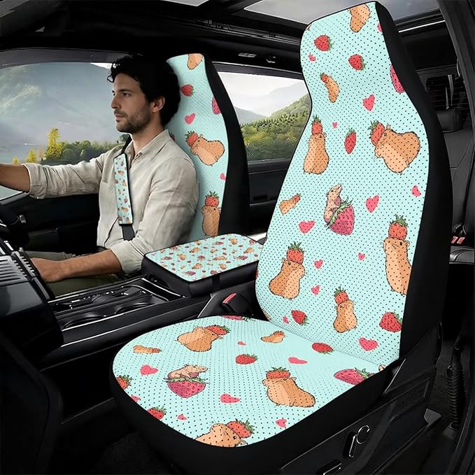Qeluxign 5 Pieces Car Seat Cover Full Set, Capybara Strawberry Heart Seat Covers Car Seatbelt Pads Vehicle Center Console Armrest Cover Pad for Truck SUV Sedan Automotive Interior Accessorie